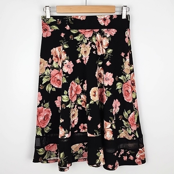 ⭐️3/ $30⭐️ Studio Skirt A-Line Black Pink Floral Inset Mesh Hem Lightweight Sz S - Picture 4 of 15